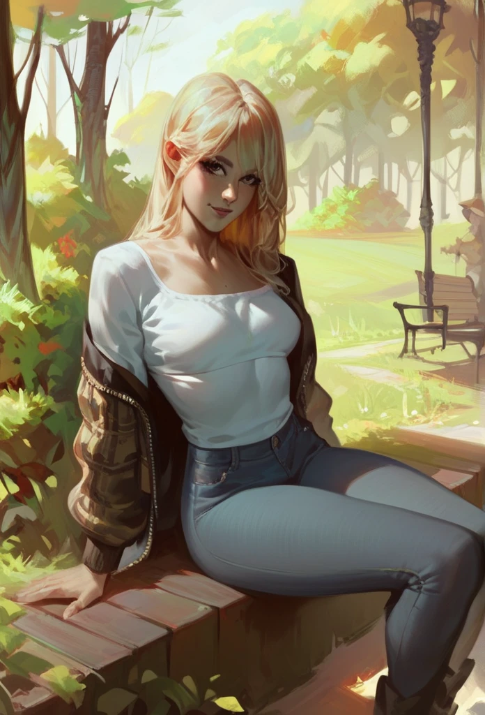 woman,  fair skin , blonde, thin. small.  long hair pants. Wearing short summer blouse. in the park.  Sitting on a bench .  looking at me. 