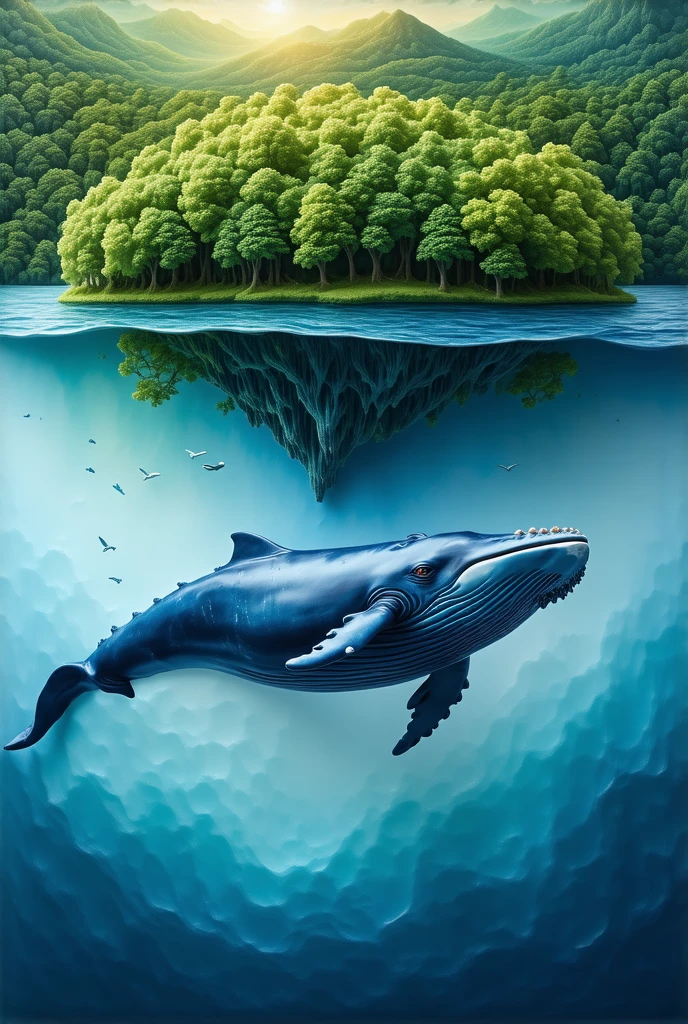 A detailed ultra-realistic sticker of a massive blue whale swimming beneath a floating island covered in dense green trees, with sunlight filtering through the water. With plate background