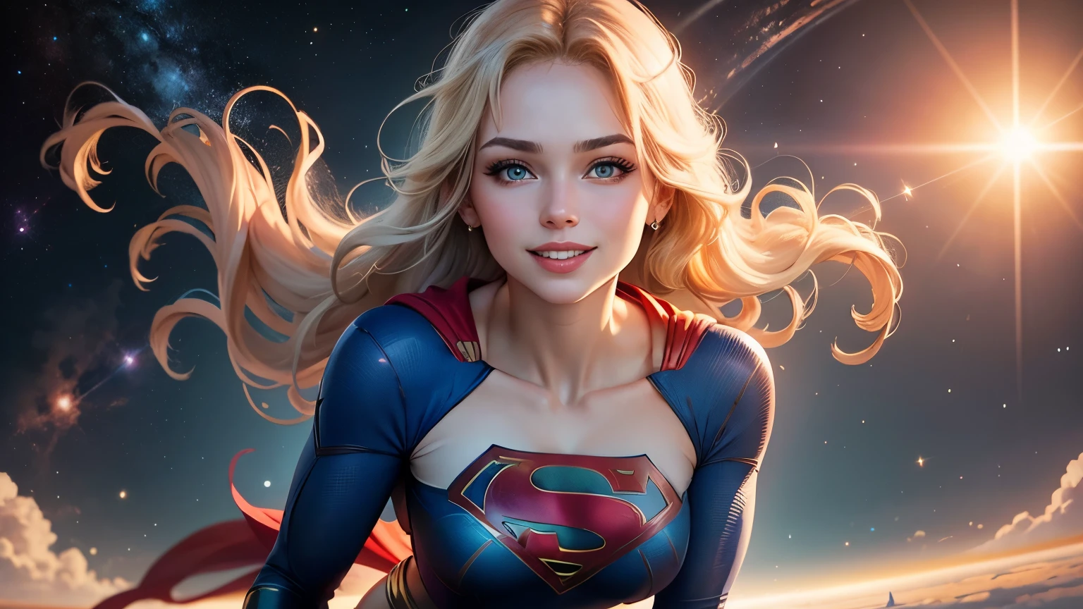 A beautiful sexy woman (supergirl) flying in the space, wearing a supergirl top (Blue top with a super girl logo) and a tight red mini skirt, beautiful and sexy slender body, big blue eyes, cat eyes Makeup, long blond hair, white pale skin, smiling seductive face, rose cheeks, sun and space background, intrincate, photorealistic, Ultra HD.