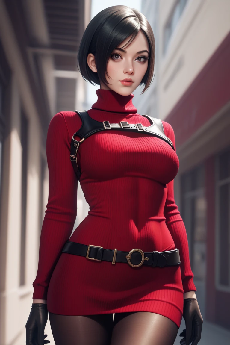 masterpiece, beatiful, perfect, perfect eyes, adasweater, black hair, short hair, black eyes, red sweater, turtleneck, harness, pantyhose, black gloves, belt, alluring eyes, cyrve body, wide hip, tight clothes, anatomically, very detailed