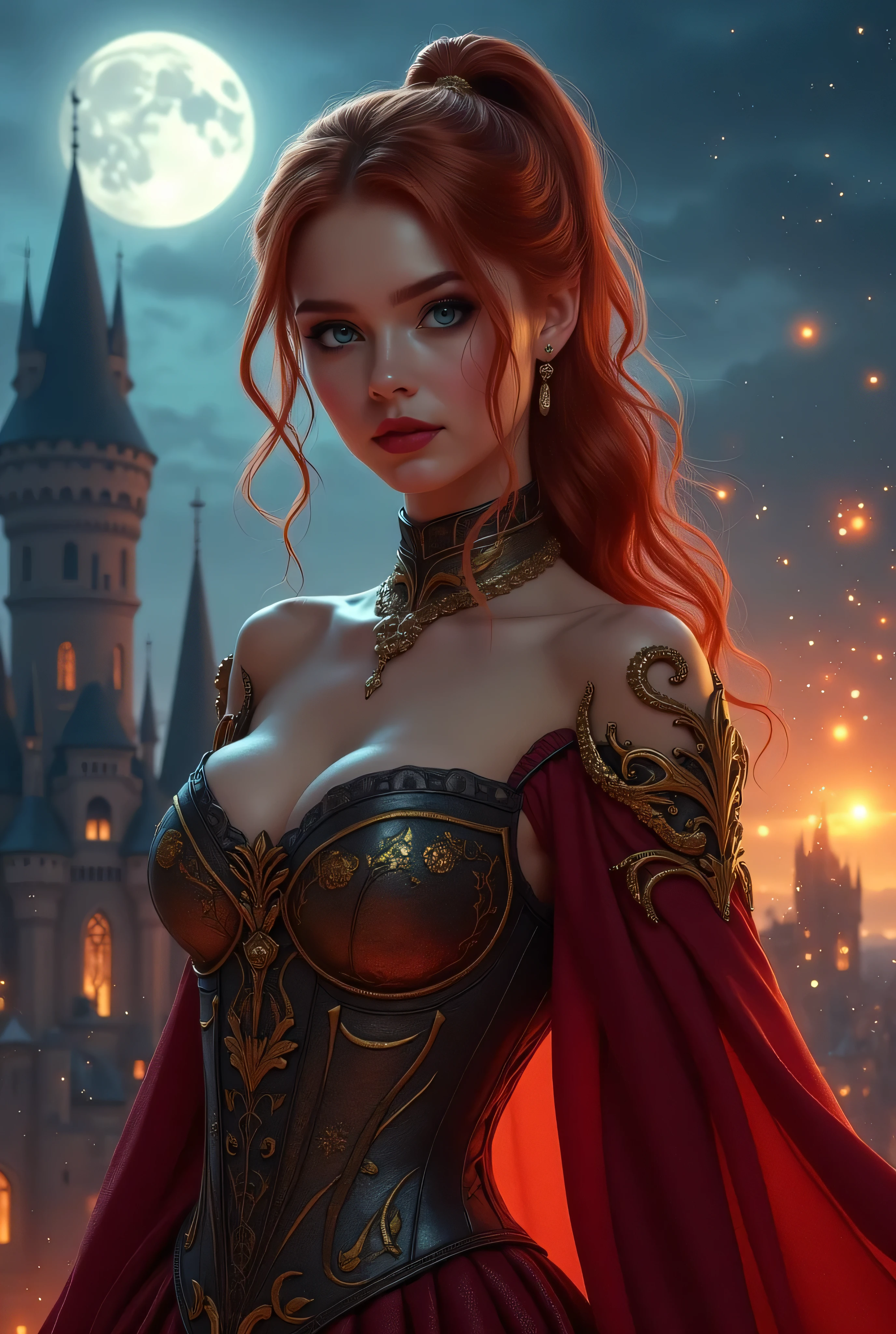woman with red hair, demon, black horns, orange eyes, pink flowers and castle background
