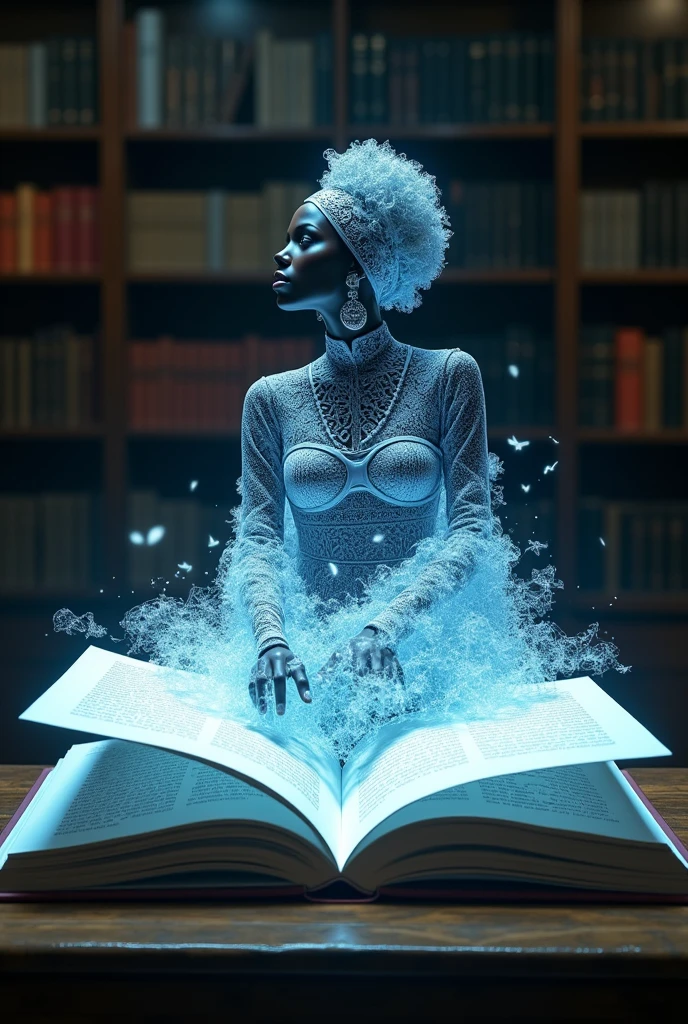 A mesmerizing holographic tableau presents a African woman, impeccably dressed in intricately crafted paper attire, resting atop an expansive, open book. The pages of the book mirrored her form, their words cascading over her body in radiant, gleaming white letters. The serene atmosphere was heightened by the dimly lit library backdrop, which accentuated the crystalline sharpness of the image of the woman nestled within the open tome.