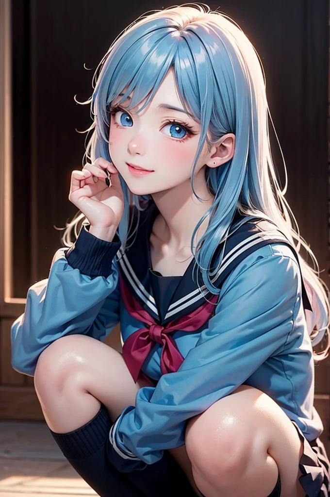 high school student、japanese women、long hair、ponytail、light blue hair、blue eyes、Big blue ribbon、ribbon on top of head、smile、sailor suit、thighs、mini skirt、classroom、window、blue sky、kneel、black knee high socks、masterpiece、((princess cut))