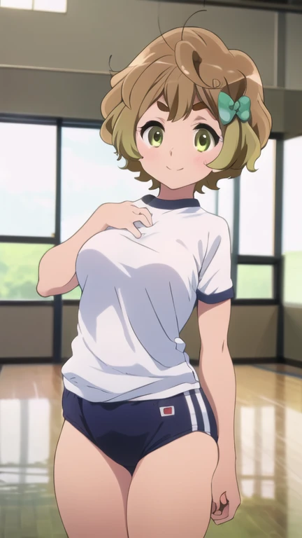  a girl, Alone, smile, light brown hair, short hair, buruma, bloomers (old japanese gym uniform), breasts, stomach