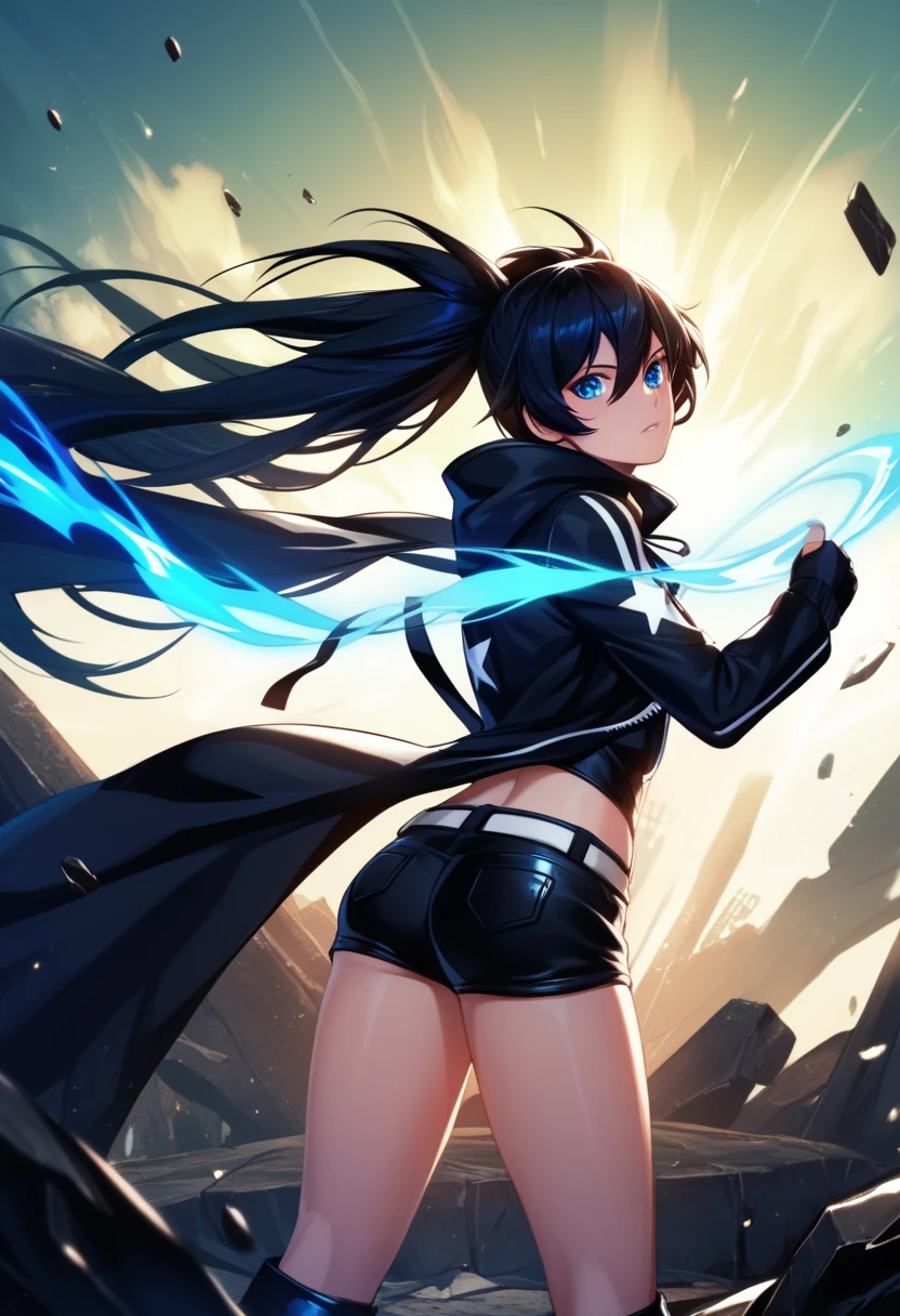 Black Rock Shooter, a fierce anime girl with long flowing black hair and a glowing blue eye, wielding a massive black cannon and clad in a black leather jacket and shorts with white accents, standing in a desolate battlefield with cracked ground and glowing blue flames scattered across the scene. Dark, moody atmosphere with a mix of futuristic and gothic elements, emphasizing her determined expression and dynamic pose. Highly detailed anime style, intense contrast, dramatic lighting, cinematic action scene, glowing embers, and ethereal energy effects. natural light, 35mm photograph, film, professional, 4k, highly detailed, Golden hour lighting. Depth of field F2. Rule of Thirds Composition.