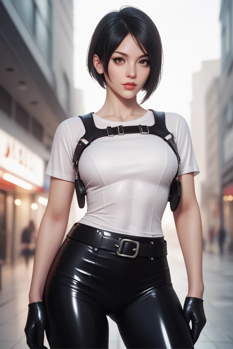 masterpiece, beatiful, perfect, perfect eyes, adasweater, black hair, short hair, black eyes, white t-shirt, black pants, harness, pantyhose, black gloves, belt, alluring eyes, cyrve body, wide hip, tight clothes, anatomically, very detailed