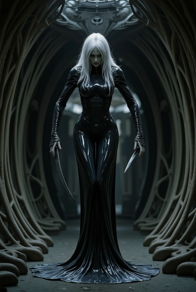 Dans un vaisseau style biomécanique de hr giger(alien). Une assassin avec une lame courbé en argent. Vêtue un combinaison amorphe crées a partit de liquide noire épaisse enveloppant le corps. Sortant dans l'ombre. Cheveux blanche long épaisse, peau très pâle, voyant les veine. Colonnes courbé squelettique. Technologique organique métallique. 