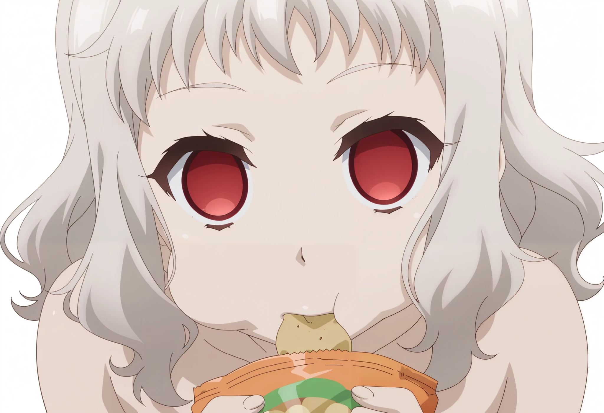 highres, best quality, anime screencap, anime coloring, leysritt, short hair, white hair, red eyes, expressionless, upper body,looking at viewer, white background, simple background, cheek bulge, eating, potato chip bag