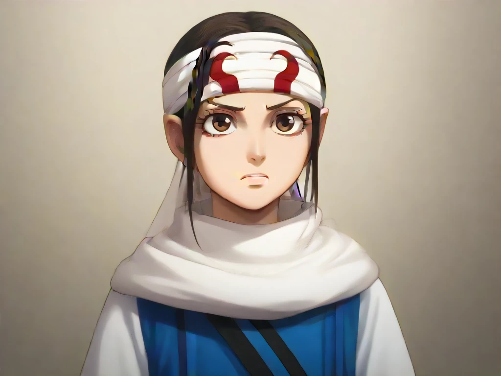 brown hair brown eyes blue clothing score_9, score_8_up, score_7_up, 1girl, kyoukai cowl (((headband))) body guard oval face