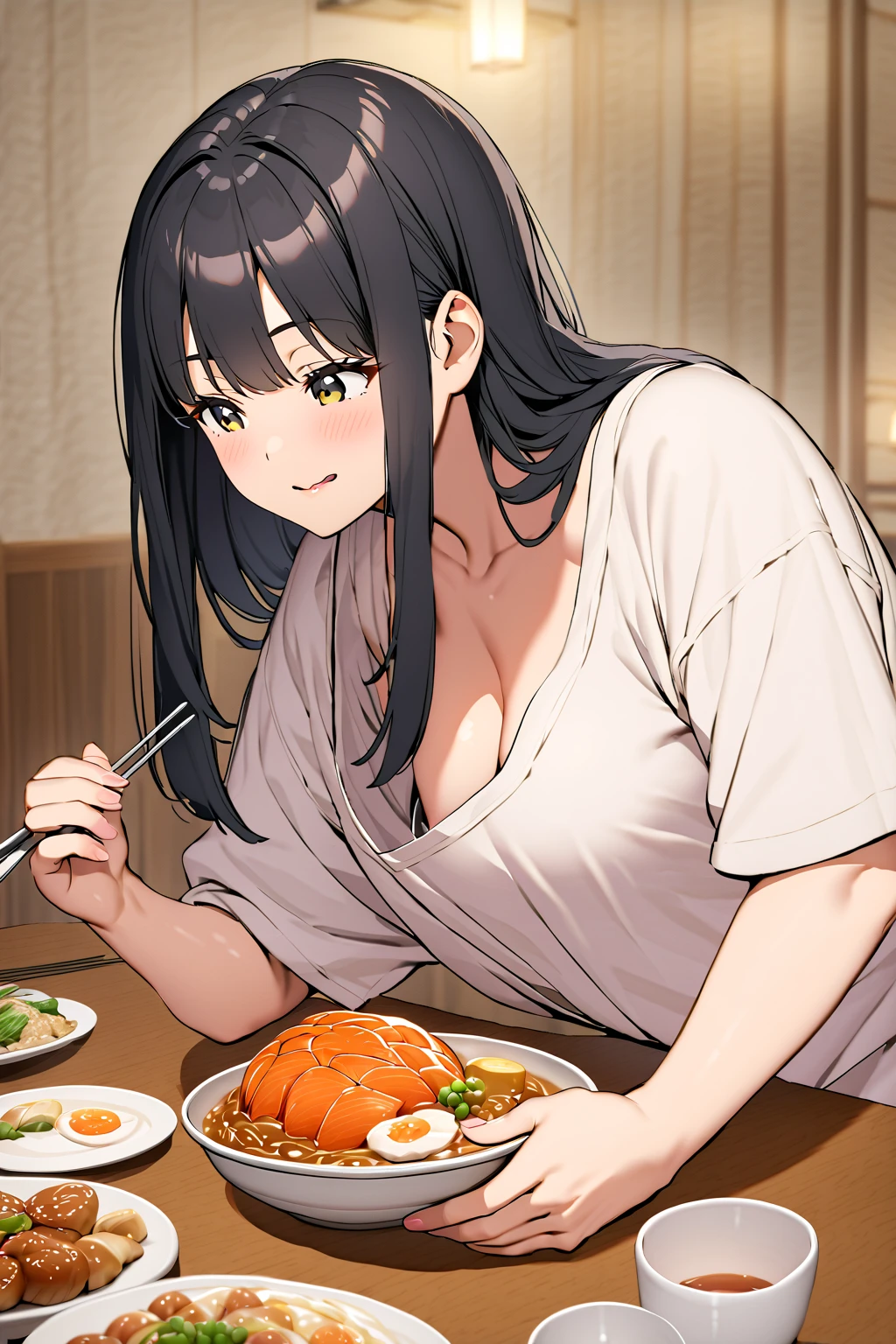 down blouse,oversized shirt,japanese mature female,medium straight hair,black hair,cute face,at dinner,