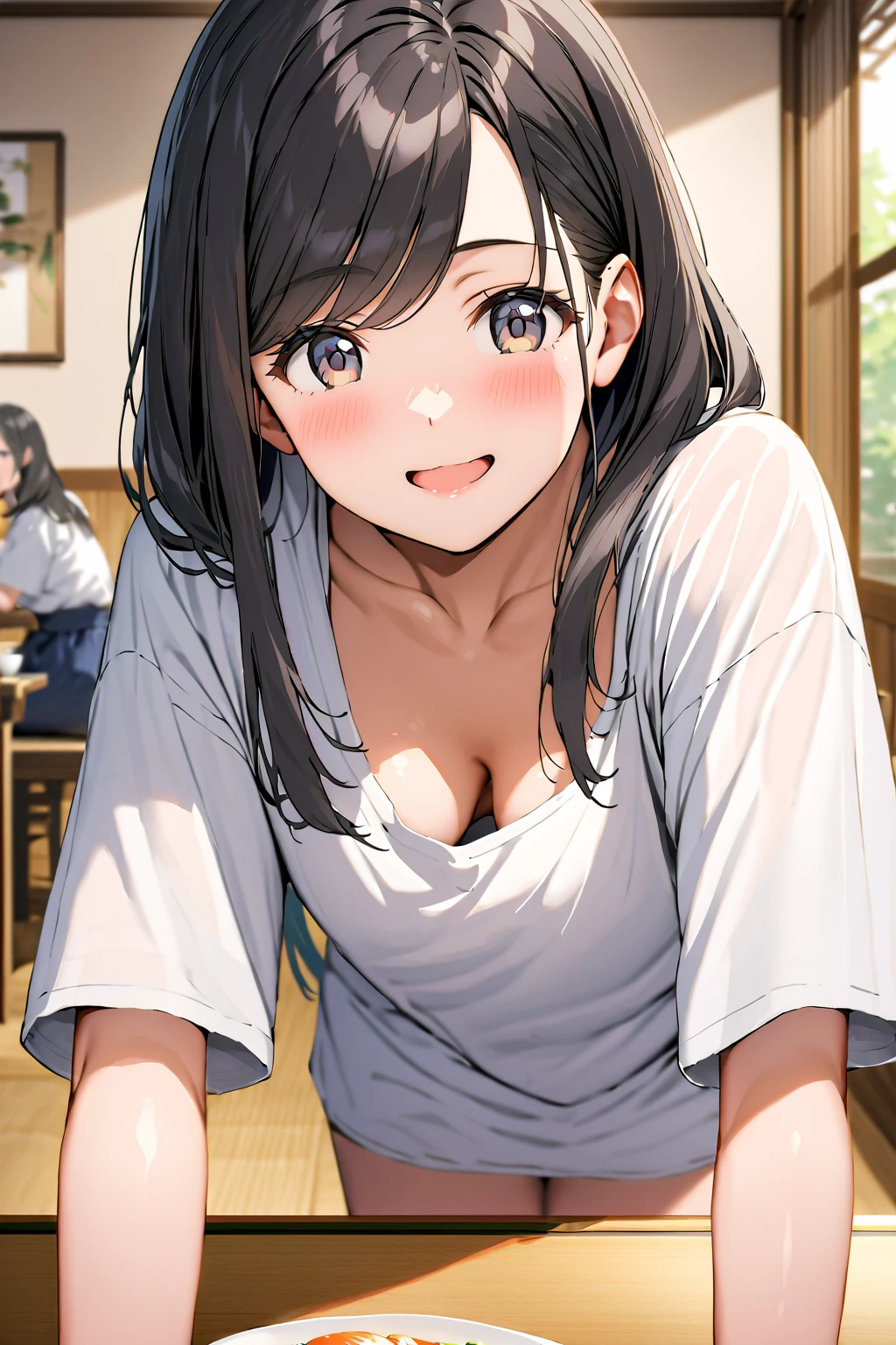 down blouse,oversized shirt,bent over,japanese mature female,medium straight hair,black hair,cute face,diningroom