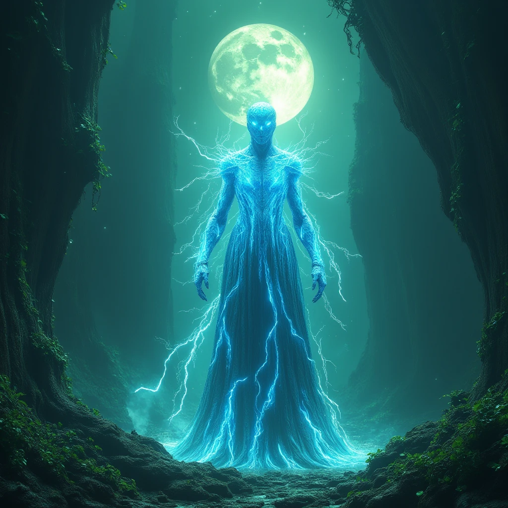 Blue lightning man, in the green night, standing in the front of moon.