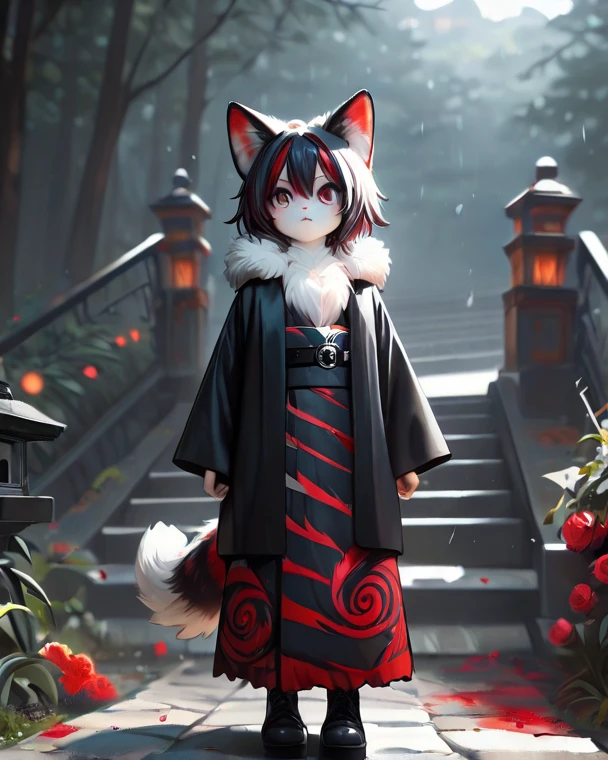 girl, young, fluffy cat tail, cat eyes, fur body, black with red swirl striped fur, fluffy fur, gothic yukata, full body