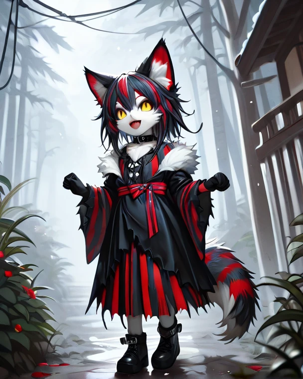 girl, young, fluffy cat tail, cat eyes, fur body, black with red swirl striped fur, fluffy fur, gothic yukata, full body