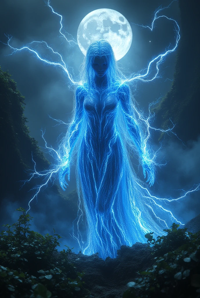 Blue lightning man, in the dark green night, standing in the front of moon.