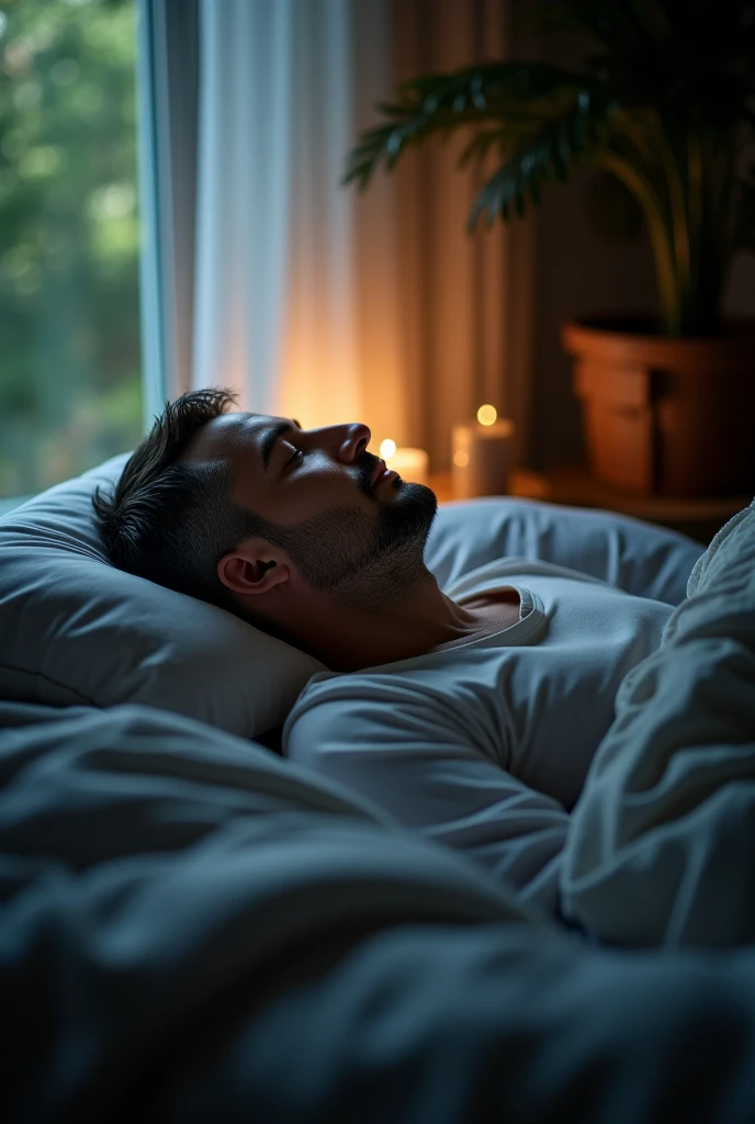 (photorealism:1.2), A 25-year-old man sleeping upright and his hands crossed over his chest, he has a beard on his face , And let him be seen fully in the picture