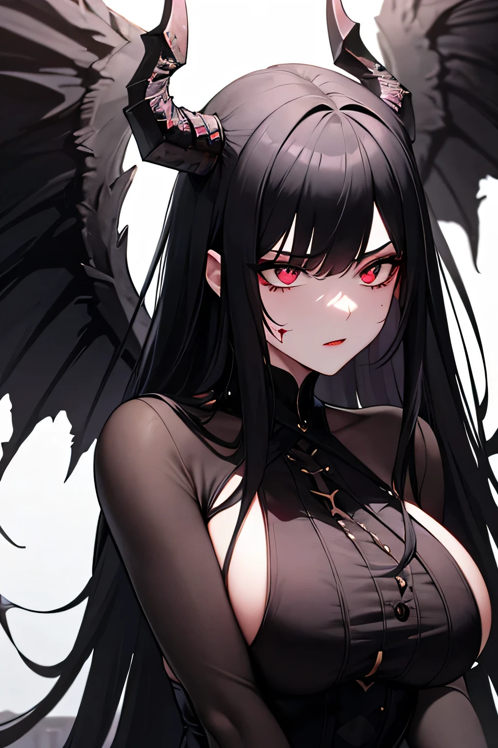 A masterpiece, very detailed, ultra-detailed, one, female goddess, beautiful woman, beautiful woman - pleasant skin, long black hair and a parting on the side, bloody red eyes, with demonic black horns with a shade of purple, Large and long black dragon wings with a purple tint, and a black dress with blood-red Cape, with huge breasts, a lush and soft body, with an aura of mystery around her, and she is on a luxurious and beautiful balcony against the background of a large red moon