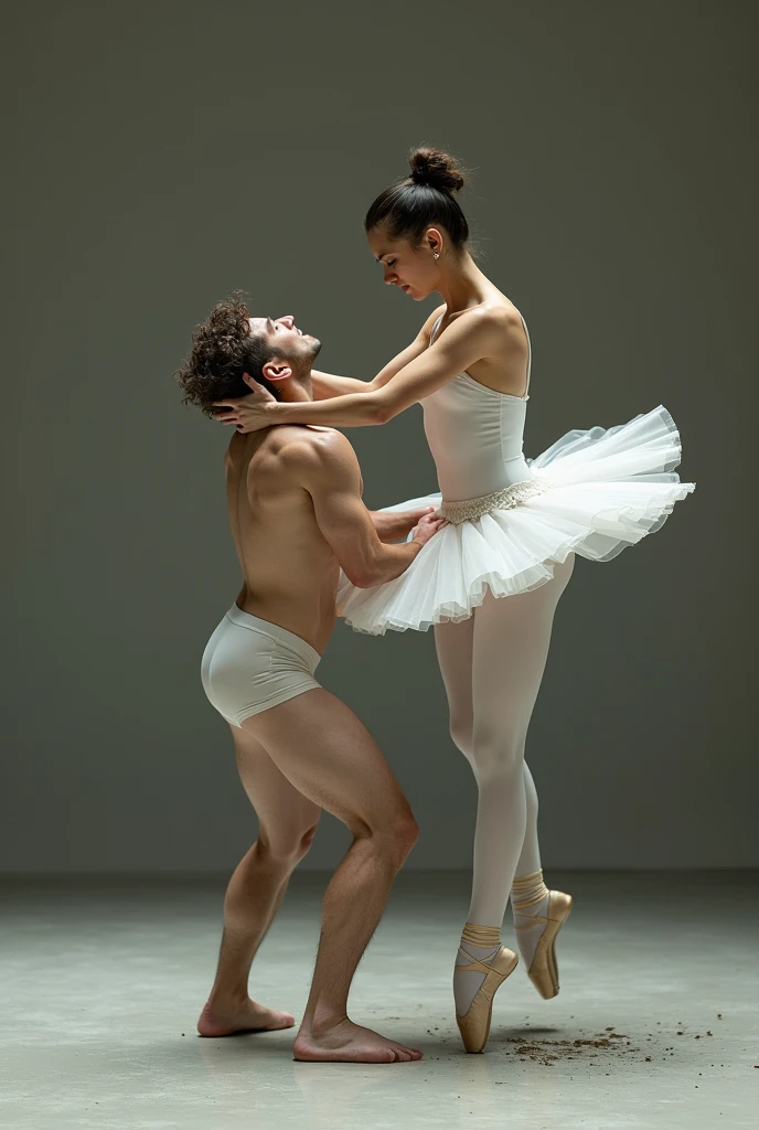 (8k, photo, best quality, masterpiece, erotic, homoerotic, dramatic, beautiful eyes, claws, ballet tights, crotch bulge, ballet style:1.35), (2 androgynous males, predator vs prey, wolf prince kills stallion king, sore loser, groin pain, ballbusting, ballet:1.5)