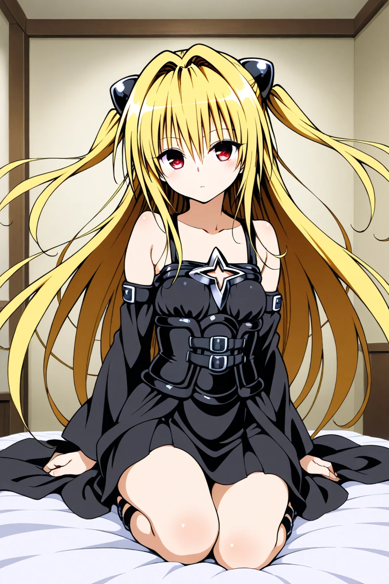 love-ru , konjiki na yami,  1girl,  ******, ,  in a black dress,  loose dress ,  blond hair ,   with an expressionless face ,  eyebrows are hidden by hair,  floating hair ,  hair between eyes,  hair consumes ,  long hair,  red eyes, beautiful background,  anime style, One, very  long hair, background on the bed,  masterpiece fails,  top quality ,  great quality, 