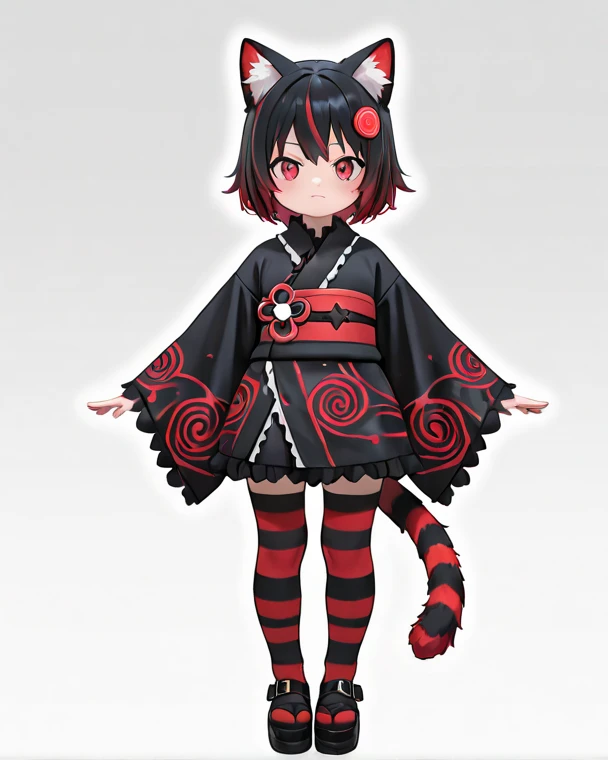 girl, young, fluffy cat tail, cat eyes, fur body, black with red swirl striped fur, fluffy fur, gothic yukata, full body