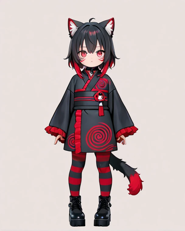 girl, young, fluffy cat tail, cat eyes, fur body, black with red swirl striped fur, fluffy fur, gothic yukata, full body