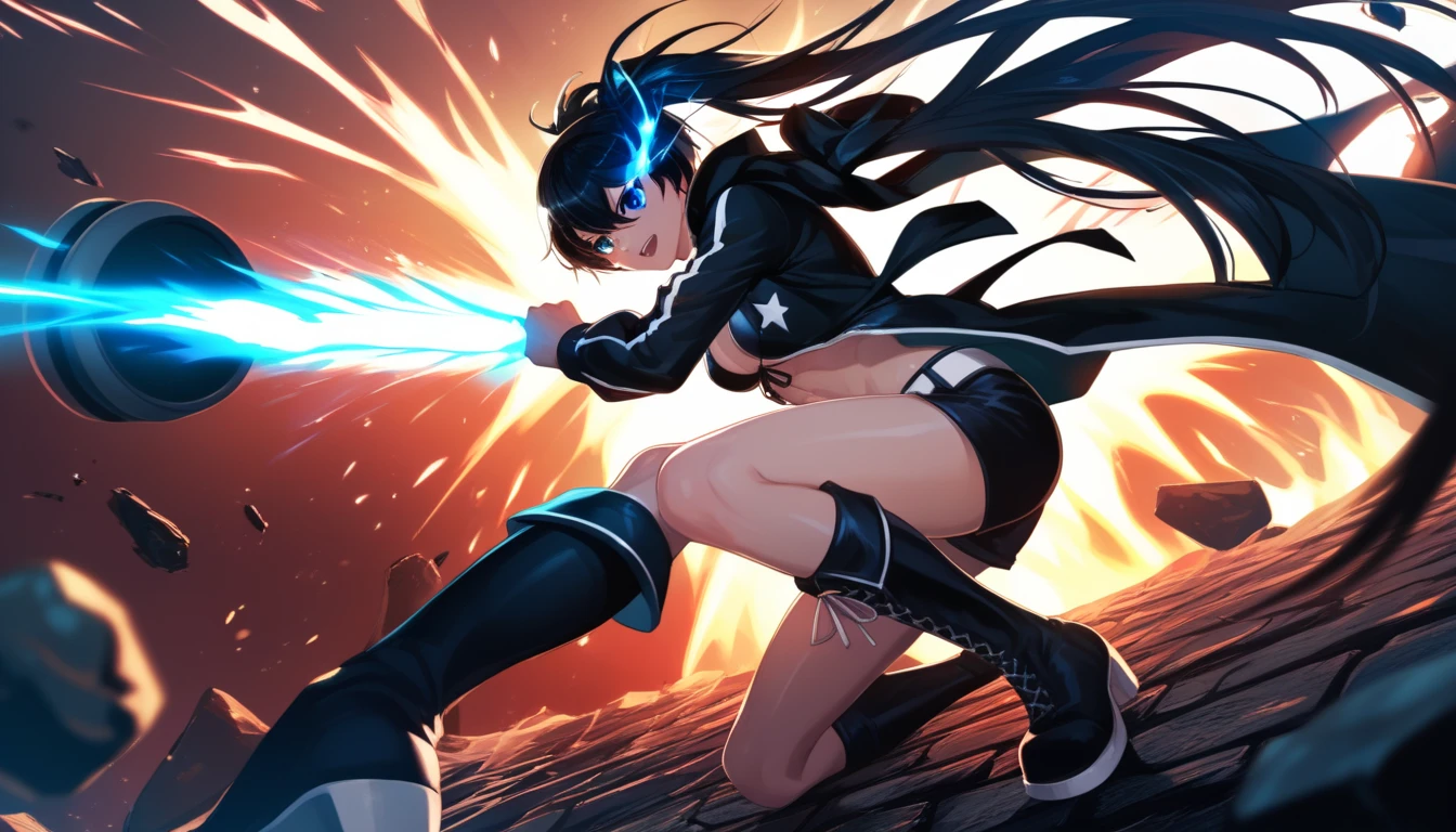 Black Rock Shooter, a fierce anime girl with glowing blue eyes and long flowing black hair, wielding her massive black cannon, in an intense battle against Berserker Heracles, a towering and muscular figure clad in dark armor, with glowing red eyes and holding an enormous stone weapon. The scene is set on a fiery battlefield with cracked ground, glowing embers, and shattered debris flying through the air. Sparks and energy explosions illuminate the chaotic fight. Black Rock Shooter is mid-action, her cannon emitting a brilliant blue energy blast, while Berserker Heracles charges with raw, unstoppable fury, his weapon radiating destructive force. The background is engulfed in apocalyptic flames, with dramatic shadows and high-contrast lighting, creating a cinematic and intense anime style scene. natural light, 35mm photograph, film, professional, 4k, highly detailed, Golden hour lighting. Depth of field F2. Rule of Thirds Composition.