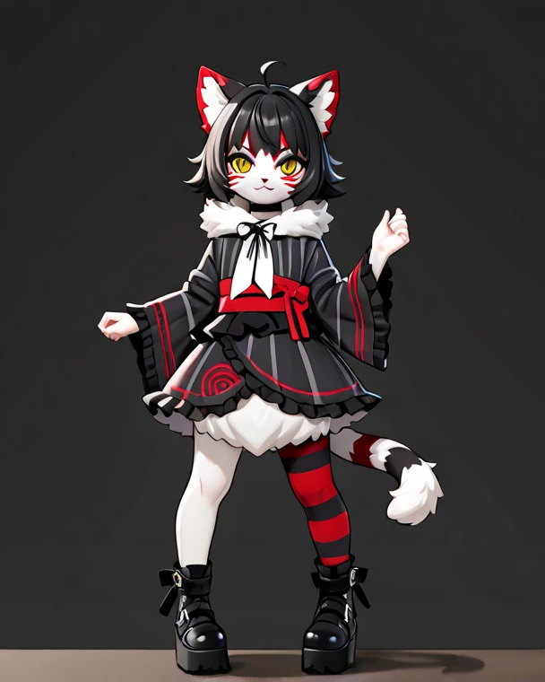 girl, young, fluffy cat tail, cat eyes, (((fur body))), ((black with red swirl striped fur)), (fluffy fur), ((((gothic yukata)))), full body