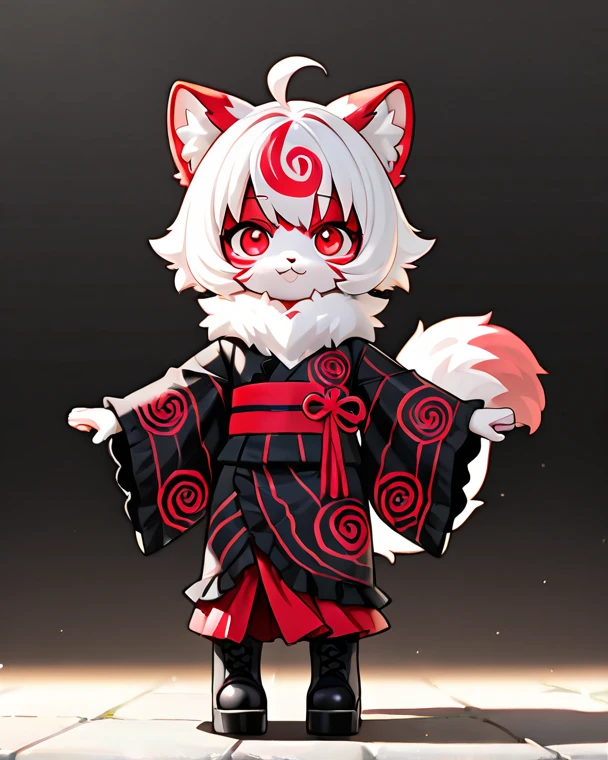 girl, young, fluffy cat tail, cat eyes, (((fur body))), ((black with red swirl striped fur)), (fluffy fur), ((((gothic yukata)))), full body