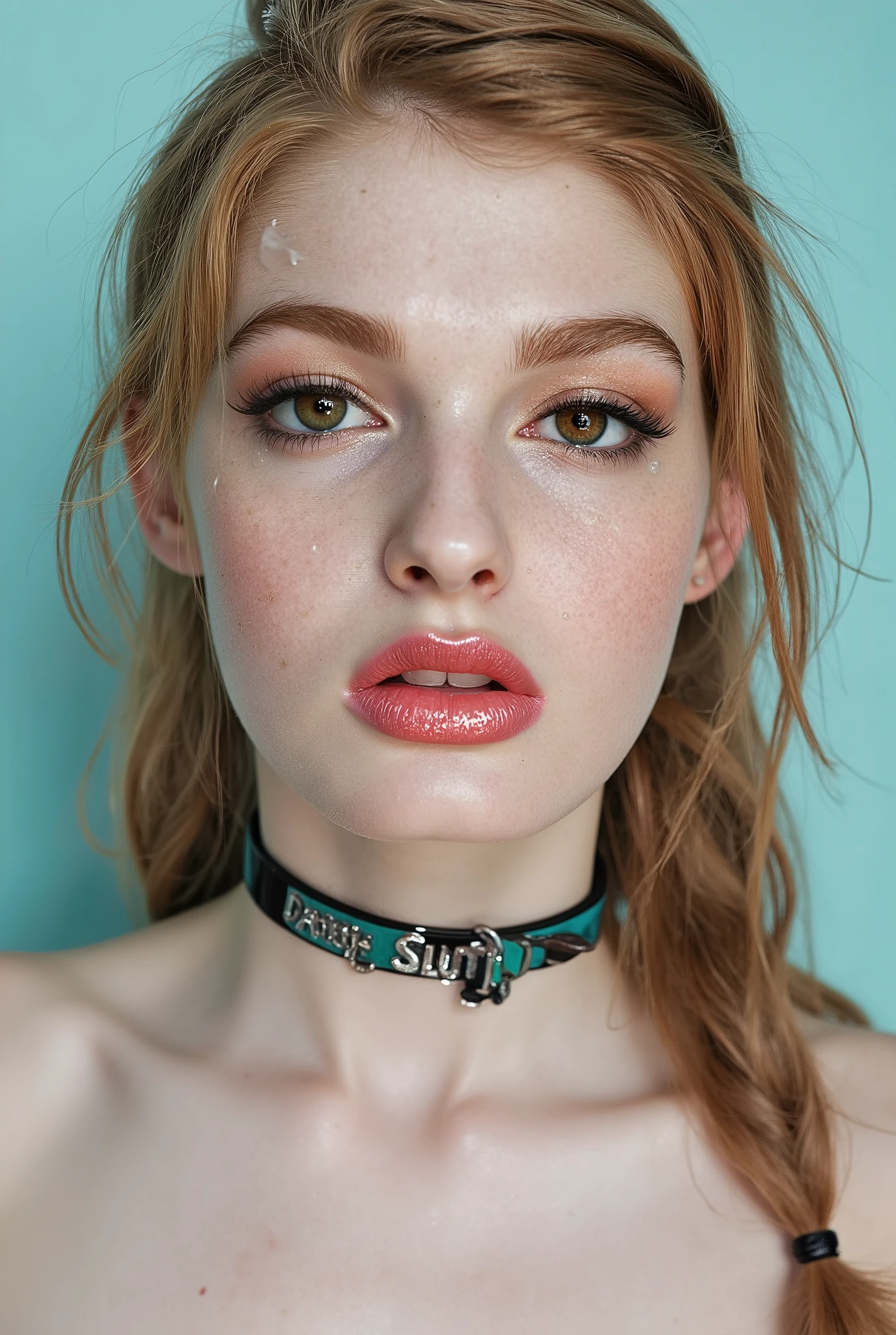 Beautiful albino  girl with bright blue eyes, long straigt ginger hair with a ponytail bind up, light turqouse plane background , porcelain skin , (Thick turqouse leather choker with silver text "Daddys SLUT"), Cumface teen traces of white, sticky, wet, Here Mouth is slitly open and she traces of Cum in here mouth, white transucent cum on here face, Cum on forehead, Dripping cum, Ultra detaild skin, photo ultra-realistic, hyper-detailed , Vogue photo shoot , cinematic, big limps with glossy pink lipstick