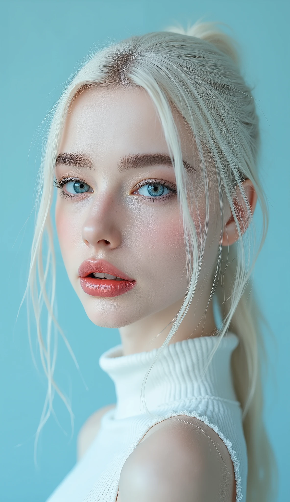 Beautiful albino woman with bright blue eyes, long straigt hair with a ponytail bind up, light turqouse plane background , porcelain skin , Ultra detaild skin, photo ultra-realistic, hyper-detailed , Vogue photo shoot , cinematic, big limps with glossy pink lipstick