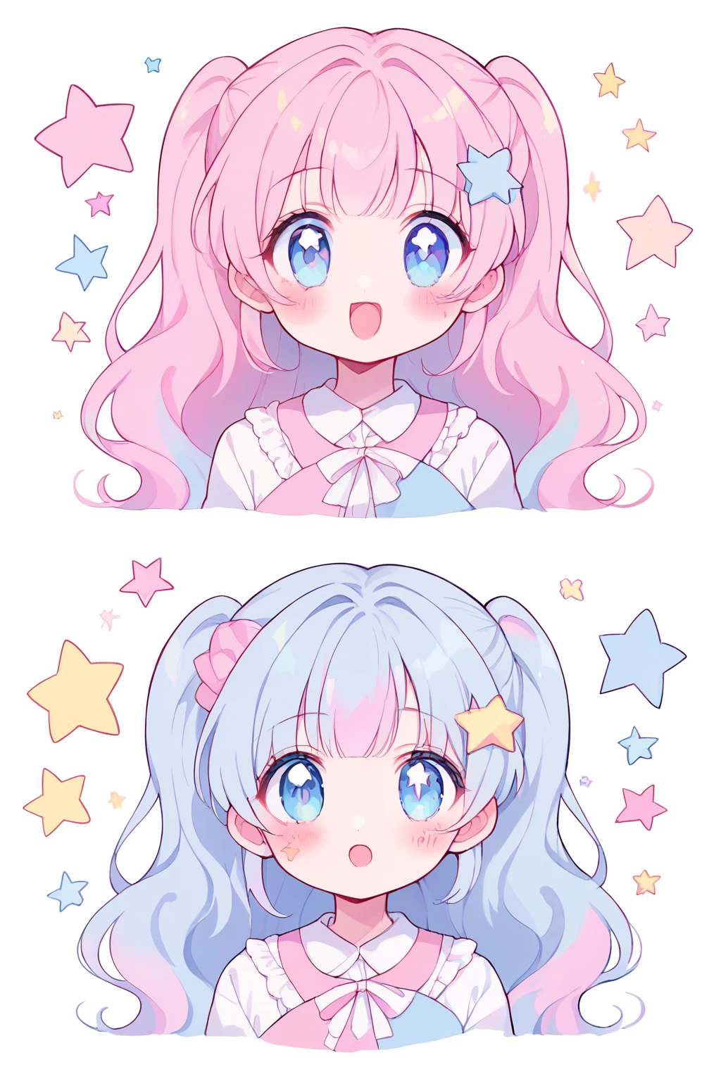 neondskdrmsxl, score_9_climb, score_8_climb, score_7_climb, score_6_climb, 2 girls, alone, pastel colors, open mouth, long hair, star , (mark), star hair accessories, hair accessories, Twintail, look at viewer, blue eyes, pastel neon lighting, source_anime, neon, neon theme , white background Edge distance, beautiful, cute, anime, 2 cute girls