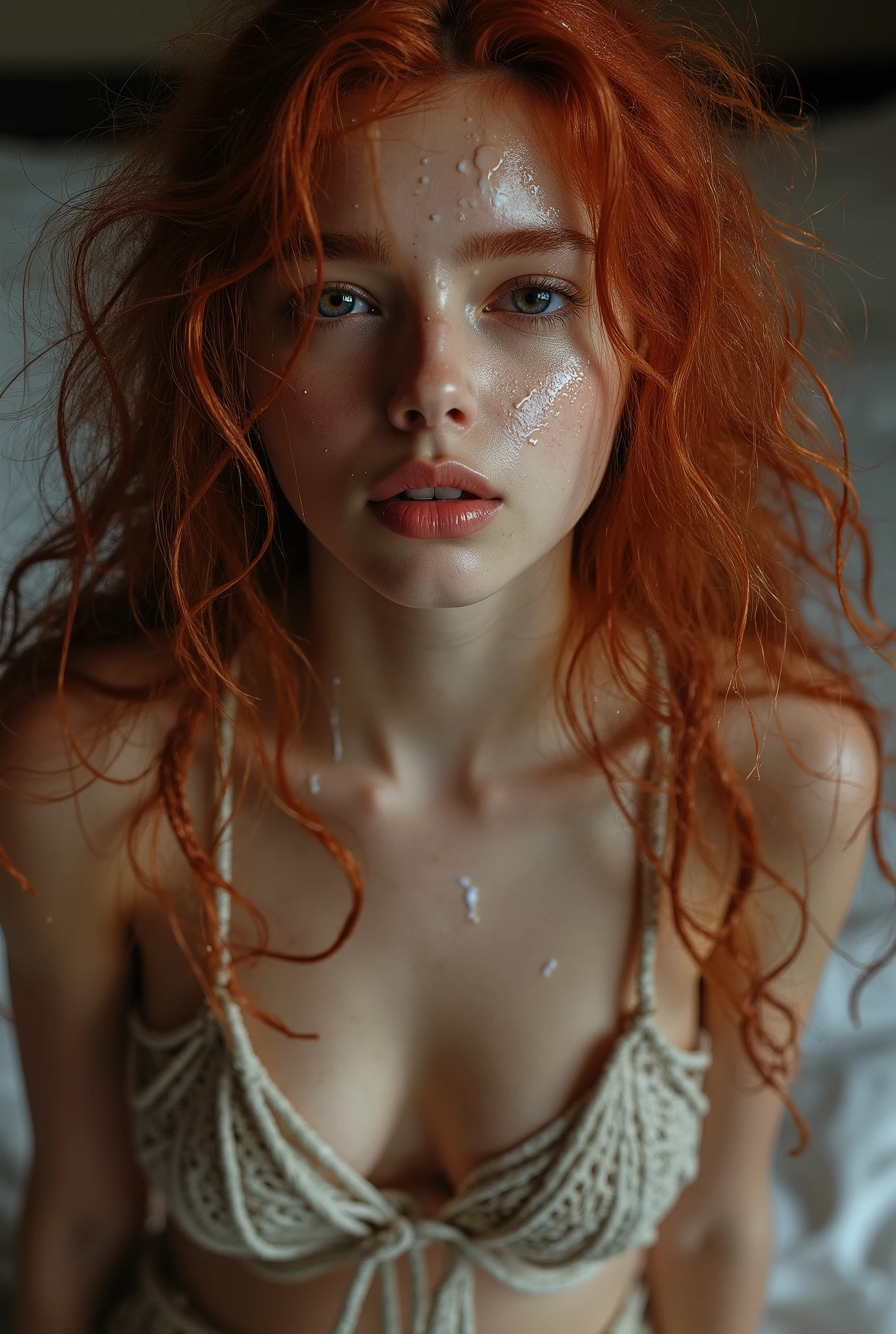 One girl . Beautiful long red curly hair, beauty slim figure, she is naked, amazing skinny slim fit body, warm delicate light, super realistic face and body, We see face and small breast from the slim wait and up, The teenl is beautifully and artistically tied with a rope as in the Japanese Shibari technique, Cumface teen with lots of white, sticky, wet, Here Mouth is slitly open and she got some traces of Cum in here mouth, some white transucent cum here face, (Cum on face), Cum on forehead, Dripping cum, the woman stands facing the viewer., Style your photo like 70's magazines in the style of Playboy. 16K vintage quality, Beautiful depth of focus.