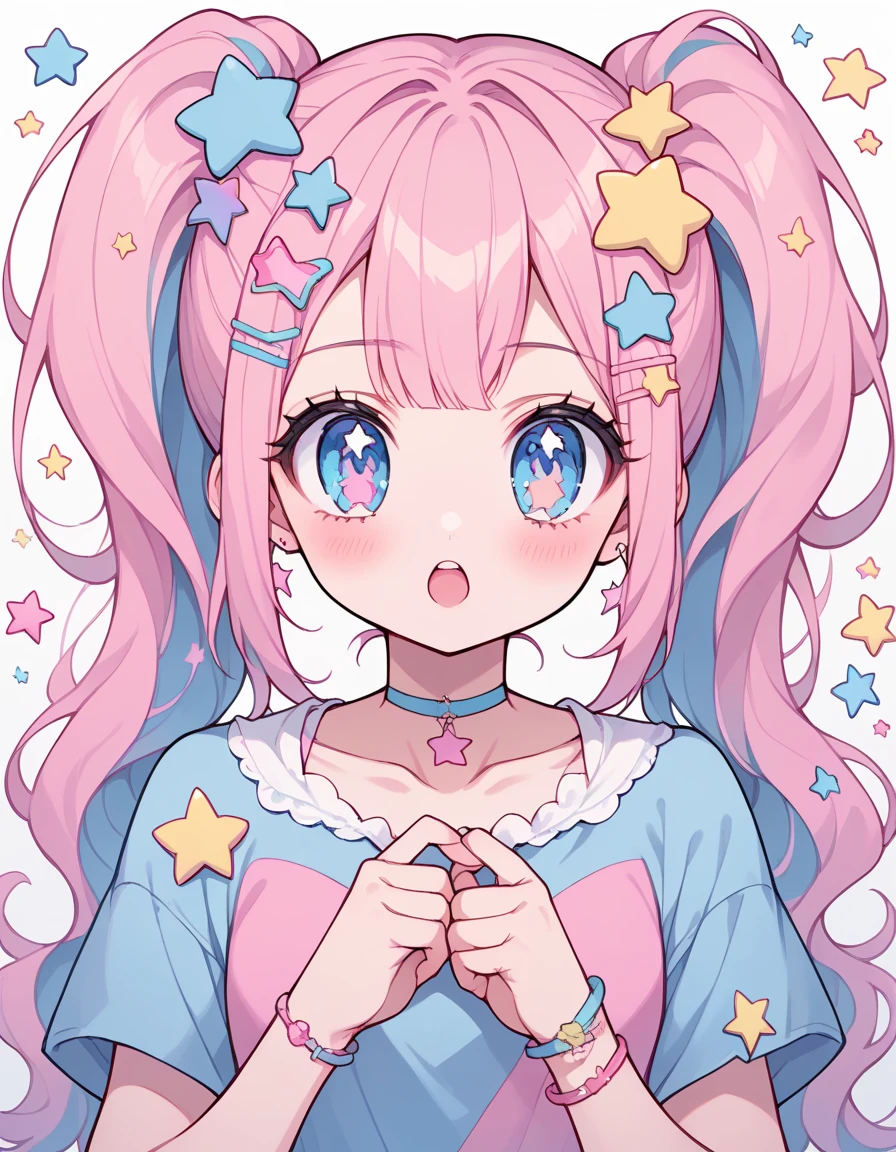 neondskdrmsxl, score_9_up, score_8_up, score_7_up, score_6_up, 1girl, solo, pastel colors, open mouth, long hair, star , (symbol), star hair ornament, hair ornament, twintails, looking at viewer, blue eyes, pastel neon lighting, source_anime, neon, neon theme , 