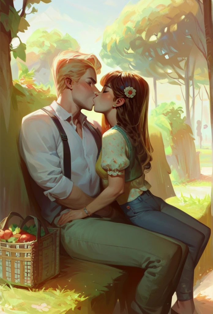 **li,  fair skin , blonde, thin. small.  long hair pants. Wearing short summer blouse. in the park.  Sitting on a bench . kissing man,  brown hair . 
