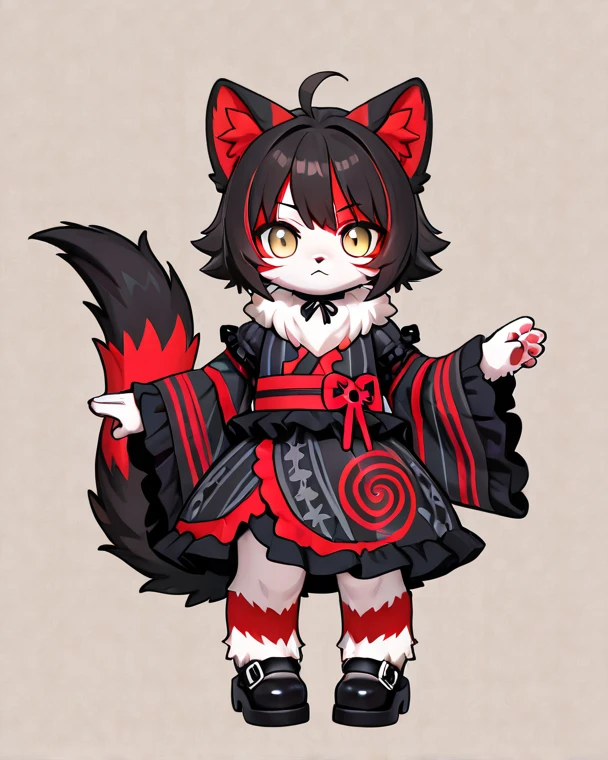 girl, young, fluffy cat tail, cat eyes, (((fur body))), ((black with red swirl striped fur)), (fluffy fur), ((((gothic yukata)))), full body