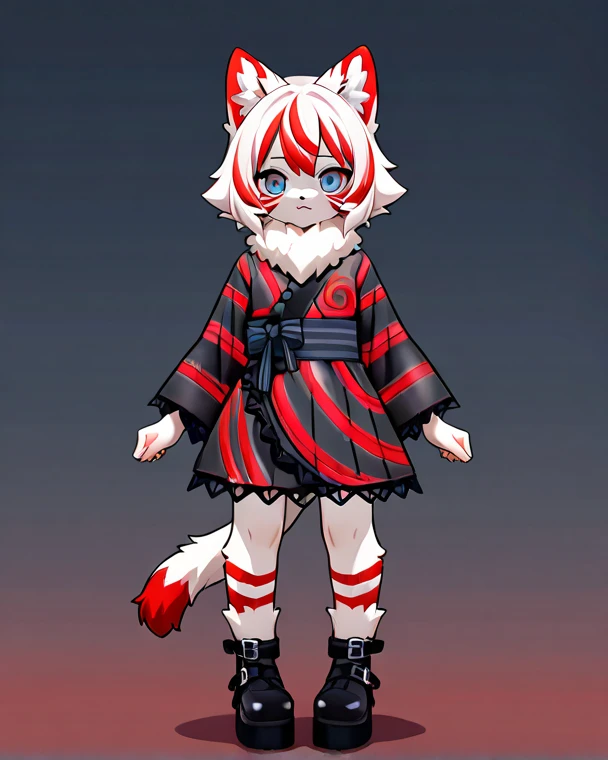 girl, young, fluffy cat tail, cat eyes, (((fur body))), ((black with red swirl striped fur)), (fluffy fur), ((((gothic yukata)))), full body