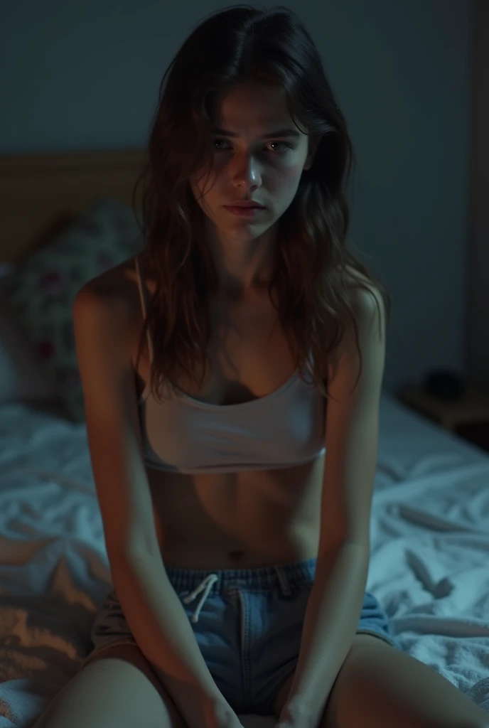 Brunette female influencer, POV selfie, laying down taking a selfie, blankets at her waist, wearing a vintage Taylor Swift t-shirt and blue satin string thong panties, camera flash, night time, in bed, taken with an iPhone 15