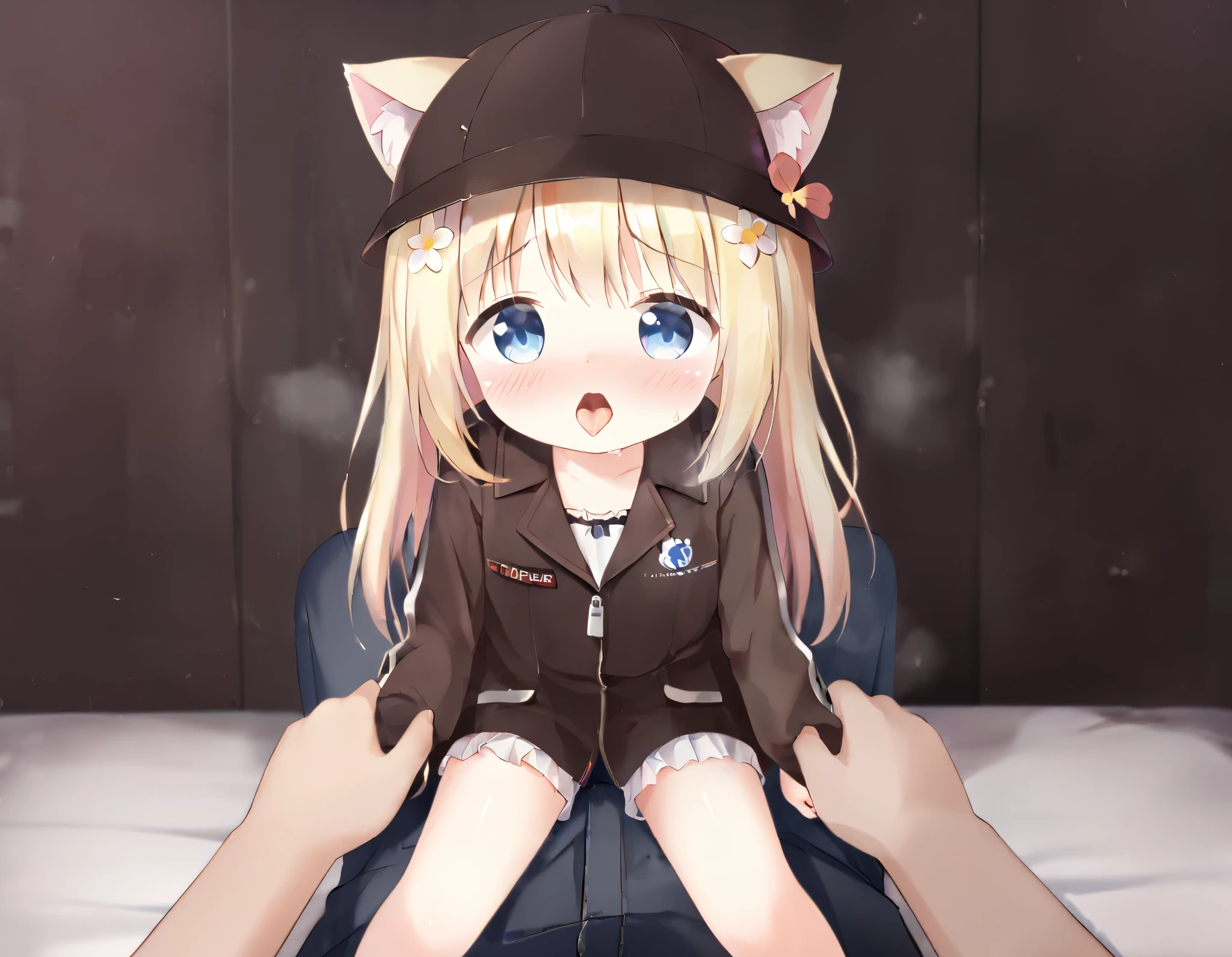 1 A -year girl hair hat on  , blond hair,  blue eyes , Brown jacket and short pants,  The point of sitting on top of another boy , looking at the model, shy,  blush ,  flower on hair ,  cat ears Grab , (Sweating,  very sweaty ,  shiny skin ,  oily skin ),The color of his cheeks is red and her mouth opens and her tongue comes out of her mouth ,Her height is 60 centimeters and her features are very small and she is the cutest  in the world 