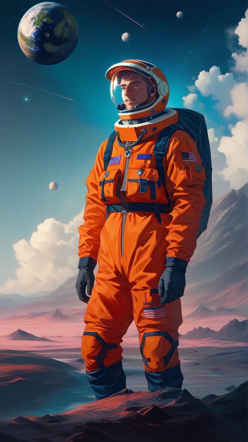 A male astronaut standing on the surface of an unknown planet, surrounded by a mysterious and colorful alien landscape, speaking into a walkie-talkie. The astronaut's space suit is detailed and futuristic, with a reflective helmet visor showing a faint reflection of the planet's scenery. The sky is filled with multiple moons and vibrant nebulae.