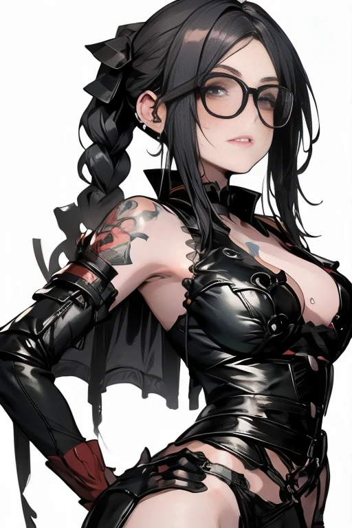 work of art, A beautiful girl, bright red eyes, big fit ass leg thighs, waist long, big fit ass , Legs long, black jacket with spikes, microbiquini, black jeans with chains, glitters and effects, black gloves without fingertips, vred, Waist slender, short abdomen, return to viewer, photo from bottom to top