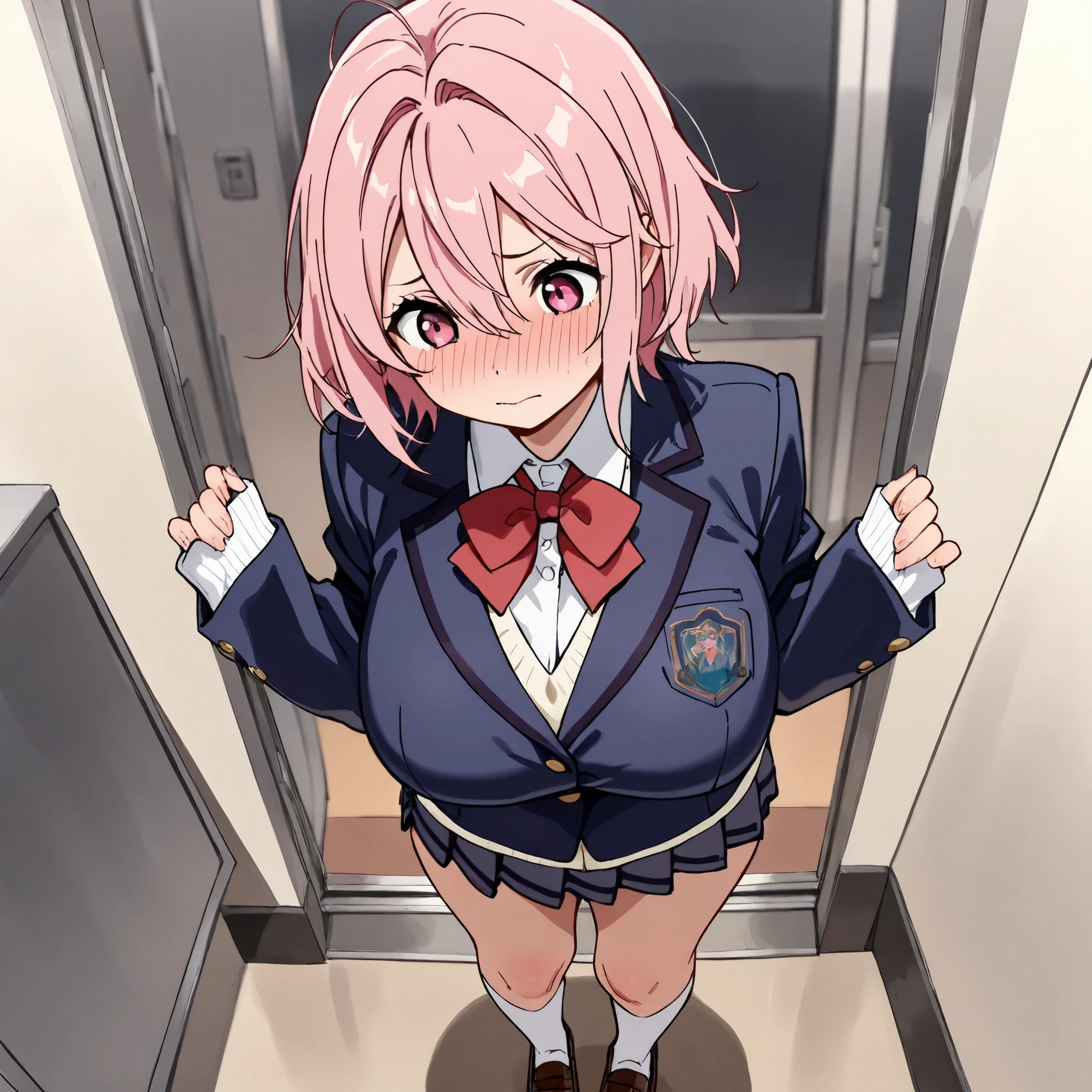 (school uniform, blue blazer, white collared shirt, red bowtie, long sleeves, sleeves past wrists, miniskirt, pleated skirt, white socks, brown footwear, huge tits, standing
blush), 8k masterpiece, (1girl, solo),
aira shiratori, pink hair, short hair, hair between eyes, pink eyes