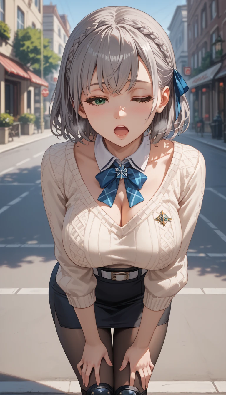 ultra-detailed, 1girl, solo, shirogane noel, (masterpiece)), (best quality), (highres), 16K, braid, french braid, green eyes, grey hair, hair ribbon, ribbon, short hair, snowflake choker, wavy hair, mole, mole on breast, pantyhose, belt at waist, white belt, cute belt, official alternate hairstyle, sweater, high-waist skirt, pencil skirt, knee pads, busty body, large breasts and a beautiful ass, showcasing cleavage, legs, hips, looking at viewer, detailed face, detailed hair, detailed full body, street background, (bending forward), ((hands touching knees)), exhausted, moaning, heavy breathing, worried expression, mouth open, eyes closed, in peril