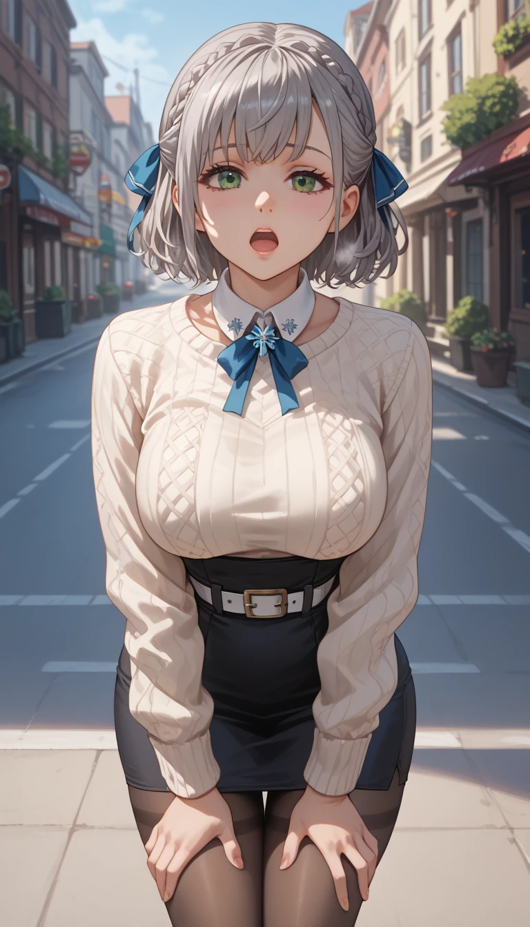 ultra-detailed, 1girl, solo, shirogane noel, (masterpiece)), (best quality), (highres), 16K, braid, french braid, green eyes, grey hair, hair ribbon, ribbon, short hair, snowflake choker, wavy hair, mole, mole on breast, pantyhose, belt at waist, white belt, cute belt, official alternate hairstyle, sweater, high-waist skirt, pencil skirt, knee pads, busty body, large breasts and a beautiful ass, showcasing cleavage, legs, hips, looking at viewer, detailed face, detailed hair, detailed full body, street background, (bending forward), ((hands touching knees)), exhausted, moaning, heavy breathing, worried expression, mouth open, eyes closed, in peril