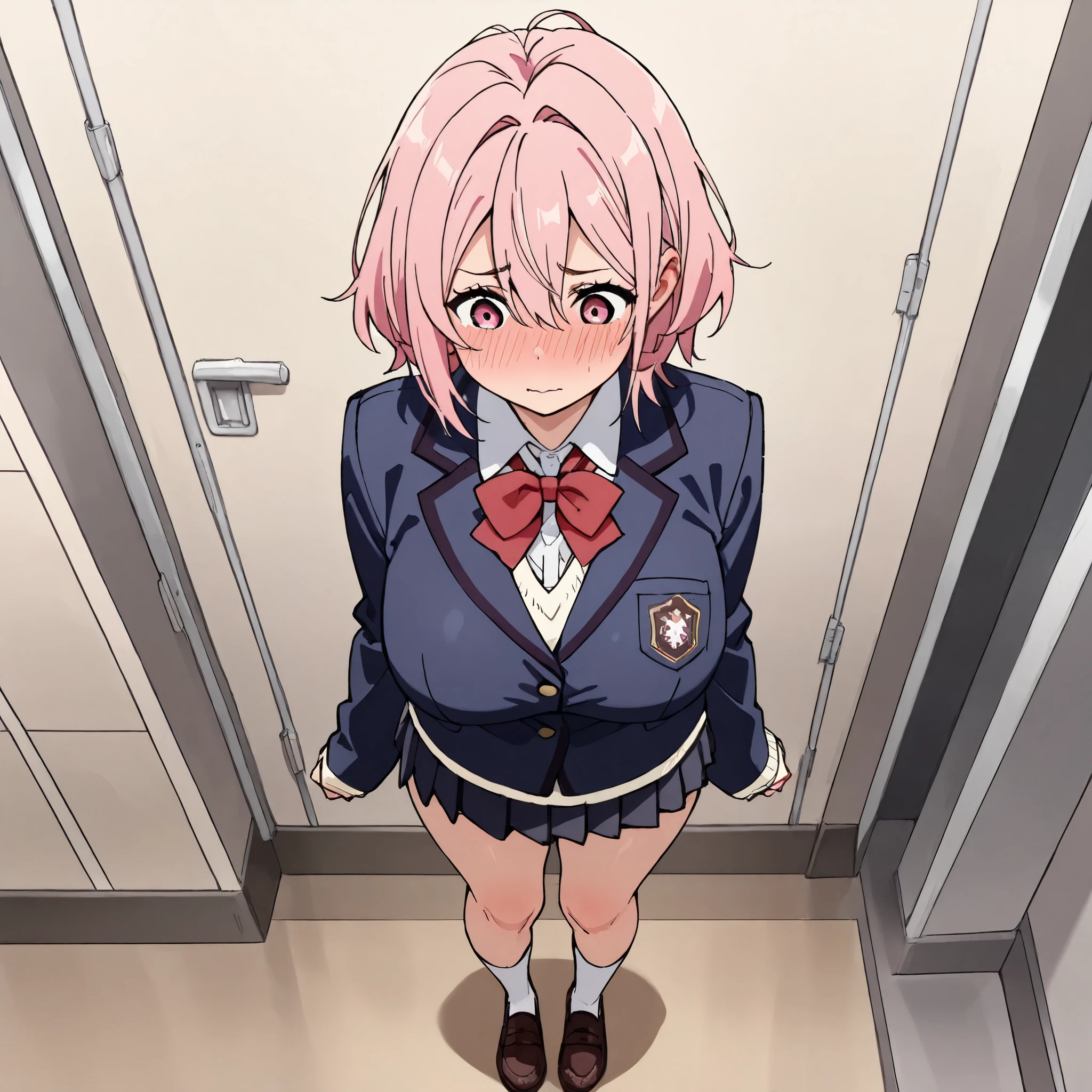 (school uniform, blue blazer, white collared shirt, red bowtie, long sleeves, sleeves past wrists, miniskirt, pleated skirt, white socks, brown footwear, huge tits, standing
blush), 8k masterpiece, (1girl, solo),
aira shiratori, pink hair, short hair, hair between eyes, pink eyes