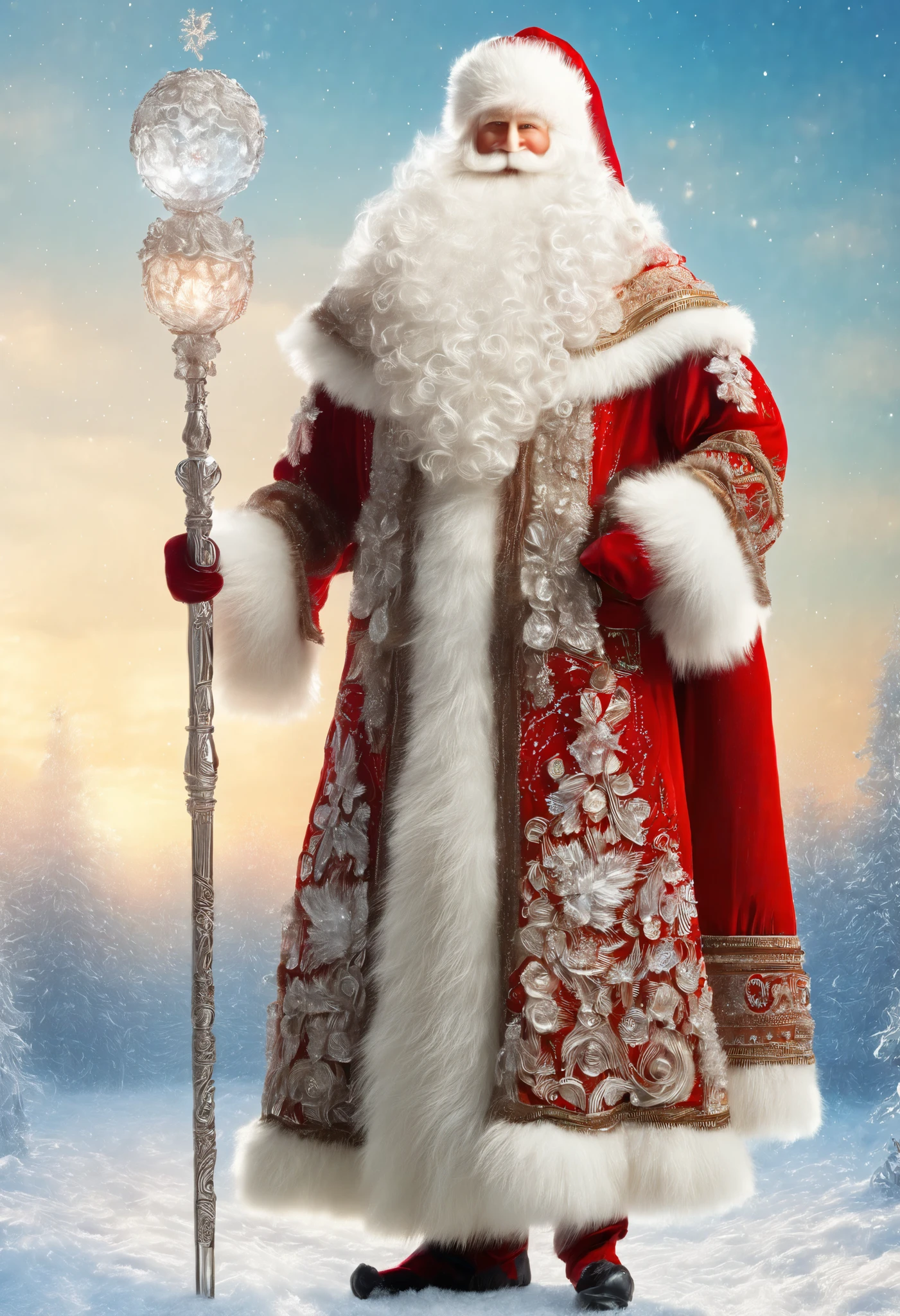 (( top quality )), (( masterpiece fails)), detailed soft oil painting , detailed background, soft muted lighting, professional, ultra quality , 4K,(mastery, top quality , 8 k, ultra High definition , High definition :1.4), extremely detailed ,
(( strong 60-year-old man with a long snow-white beard in the image of a Russian, Slavic Santa Claus))
( standing device:2) ( full-length photo :2) in a snowy forest ,
стоит in a snowy forest среди заснеженных елей,
in a white fur coat, trimmed with swan's down or sable fur, embroidered with traditional Russian ornaments in silver - stars, Crosses, geese, oil painting , medium brush strokes , khokhloma style, Slavic style,
on his head a traditional white warm boyar cap in the shape of a semi-oval, decorated with traditional Russian silver and pearl embroidery, trimmed with swan down .
huge white three-fingered mittens on his hands, decorated with traditional Russian silver embroidery.
The fur coat is girded with a white sash , embroidered with traditional Russian patterns.
On her feet there are exclusively white boots , silver-embroidered .
((( He holds a long magic crystal staff with a curved handle in his right hand. The staff is decorated with the moon and the head of a bull ))).
looks at the viewer , cheerful calm kind look , a kind smile , cheeks are red with frost ,
winter, Bright sunny frosty day, fluffy Christmas trees in the snow , snow sparkles in the sun's rays ,
author Viktor Vasnetsov , Vasily Surikov