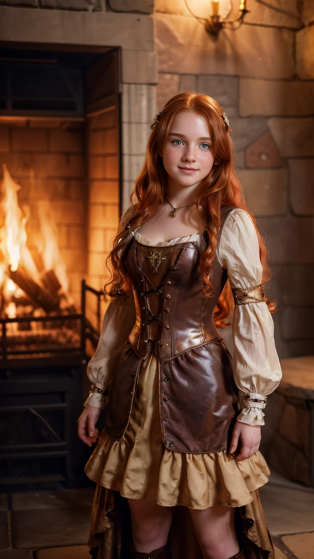 ((   high resolution)), ((Univers Steampunk  )), ((pale skin)),   freckles, ((long, wavy red hair  )),  (( 18 years))   girl :1.6, ((  Beautiful ****  girl :1.6)),with blue eyes,   cheeks blush  , Smiling, ((Middle Ages )),((Stands in front of a fireplace)), ((short medieval dress)), jewelry,((Elegant Pose)),((  Masterpiece  )),((cinematic)),((  high resolution)),((from below))