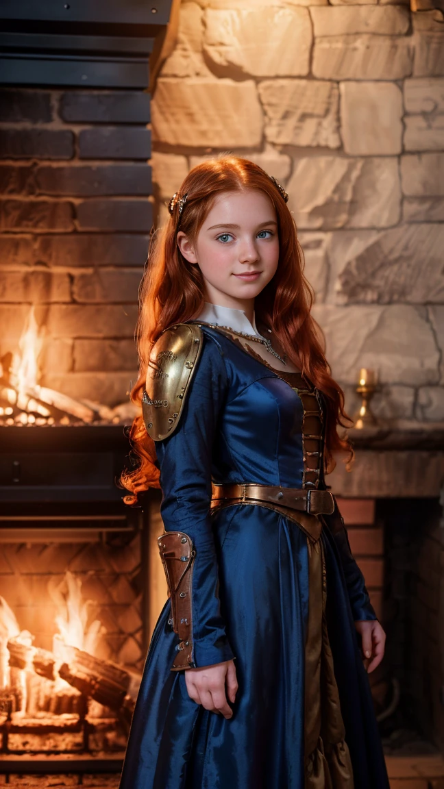 ((   high resolution)), ((Univers Steampunk  )), ((pale skin)),   freckles, ((long, wavy red hair  )),  (( 18 years))   girl :1.6, ((  Beautiful   girl :1.6)),with blue eyes,   cheeks blush  , Smiling, ((Middle Ages )),((Stands in front of a fireplace)), ((short medieval dress)), jewelry,((Elegant Pose)),((  Masterpiece  )),((cinematic)),((  high resolution)),((from below))