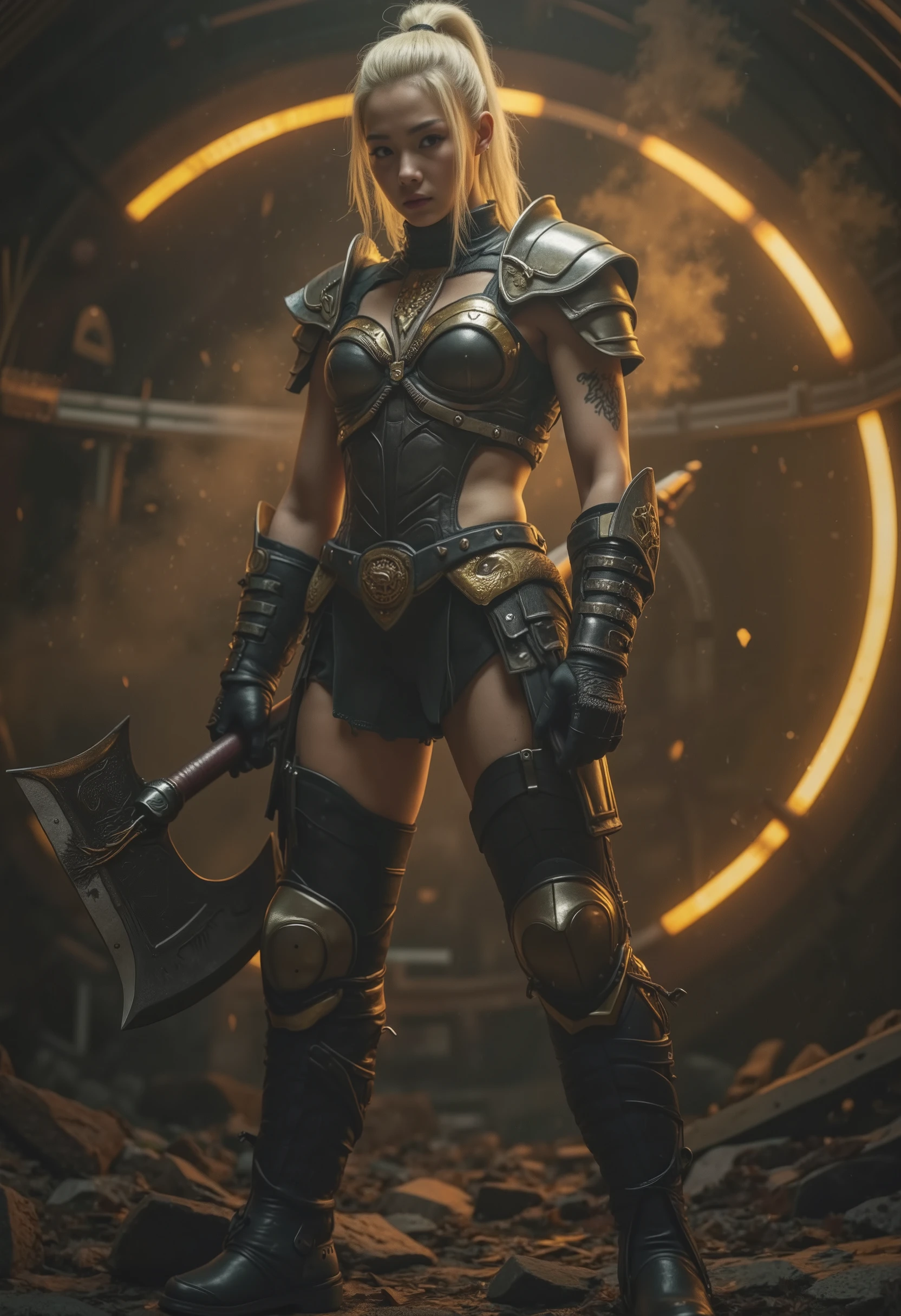 A powerful and fierce fantasy warrior woman with platinum blonde hair tied into a high ponytail, holding a large, intricately designed battle axe. She is wearing black leather armor with metallic gold accents and decorative shoulder plates. Her outfit is form-fitting, revealing her toned physique and a tattoo on her side. The character’s expression is intense and commanding, with piercing eyes and a confident posture. The background is dark with a glowing golden light highlighting her figure, creating a dramatic and heroic atmosphere