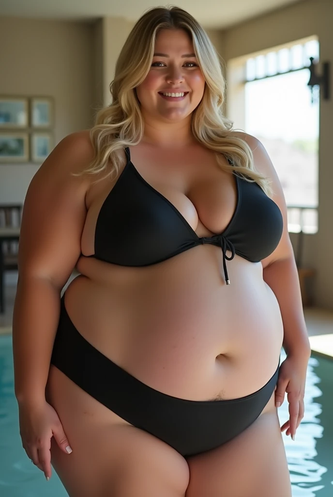 1girl, photorealistic, realistic, photo of a Czech woman, (((sexy chubby))), (chubby), (ugly face:1.1), middle age, blonde hair, long hair, a 45-year-old woman, body of 45-year-old woman, wrinkles on her face and body, (((cleavage))), (((She is sitting seductively on a cozy couch in her living room, enjoying a serene view of a golf course through a large window The living room is tastefully decorated with a blend of comfort and elegance, situated in a spacious home adjacent to a golf course. Large windows allow ample natural light to flood the room, creating a bright and airy atmosphere. The room is adorned with tasteful artwork depicting landscapes or abstract designs, complementing the natural beauty visible through the window. A low coffee table in front of the couch holds a stack of books and a vase with fresh flowers, bringing a touch of life and color indoors))), she is looking at the camera smiling, (((dynamic pose))), (((she is wearing a color blue strapless aztec print tube top paired with a high-waisted color white thong panty )))