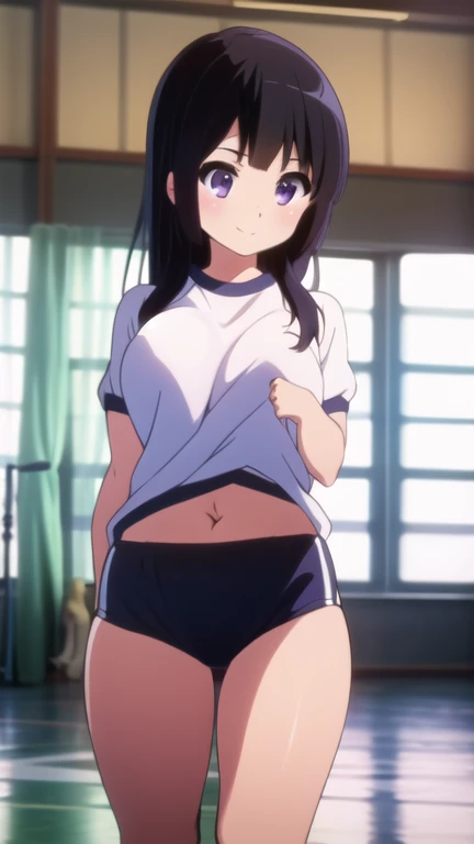 shinkai makoto, kimi no na wa., 1girl, bangs, black hair, blush, brown eyes, looking at the viewer, crop top, buruma, exposed navel, bare shoulders, short hair, solo, indoors, bedroom, shinny skin, smile, cute, black thighhighs, (masterpiece, best quality)